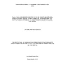 Plan para la dirección de proyecto de modernización del edificio Jorge Manuel Dengo  Obregón , sede principal del Instituto Costarricense de Electricidad (ICE) en San José, Costa Rica 