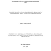 PLAN DE PROYECTO PARA LA IMPLEMENTACIÓN DE UNA PLANTA PURIFICADORA DE AGUA Y TIENDA PARA COMERCIALIZACIÓN