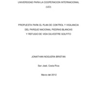 PROPUESTA PARA EL PLAN DE CONTROL Y VIGILANCIA <br /><br />
DEL PARQUE NACIONAL PIEDRAS BLANCAS <br /><br />
Y REFUGIO DE VIDA SILVESTRE GOLFITO